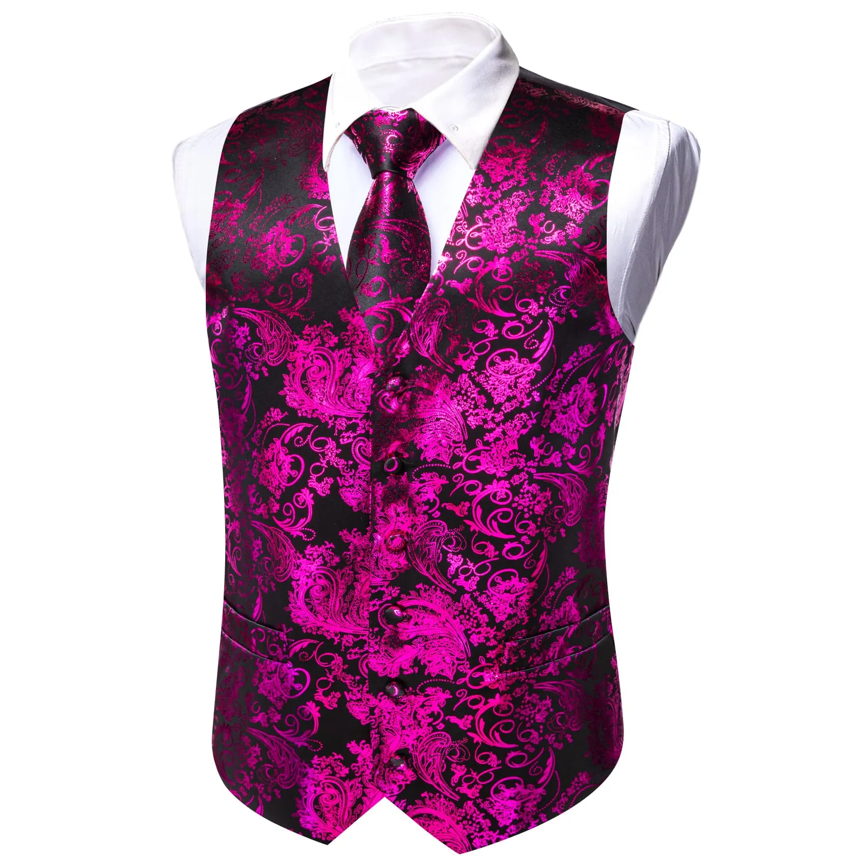 Ties2you Vest for Men Black Purple Floral V Neck Hot Stamping Silk Vest Dress Tie Set for Wedding