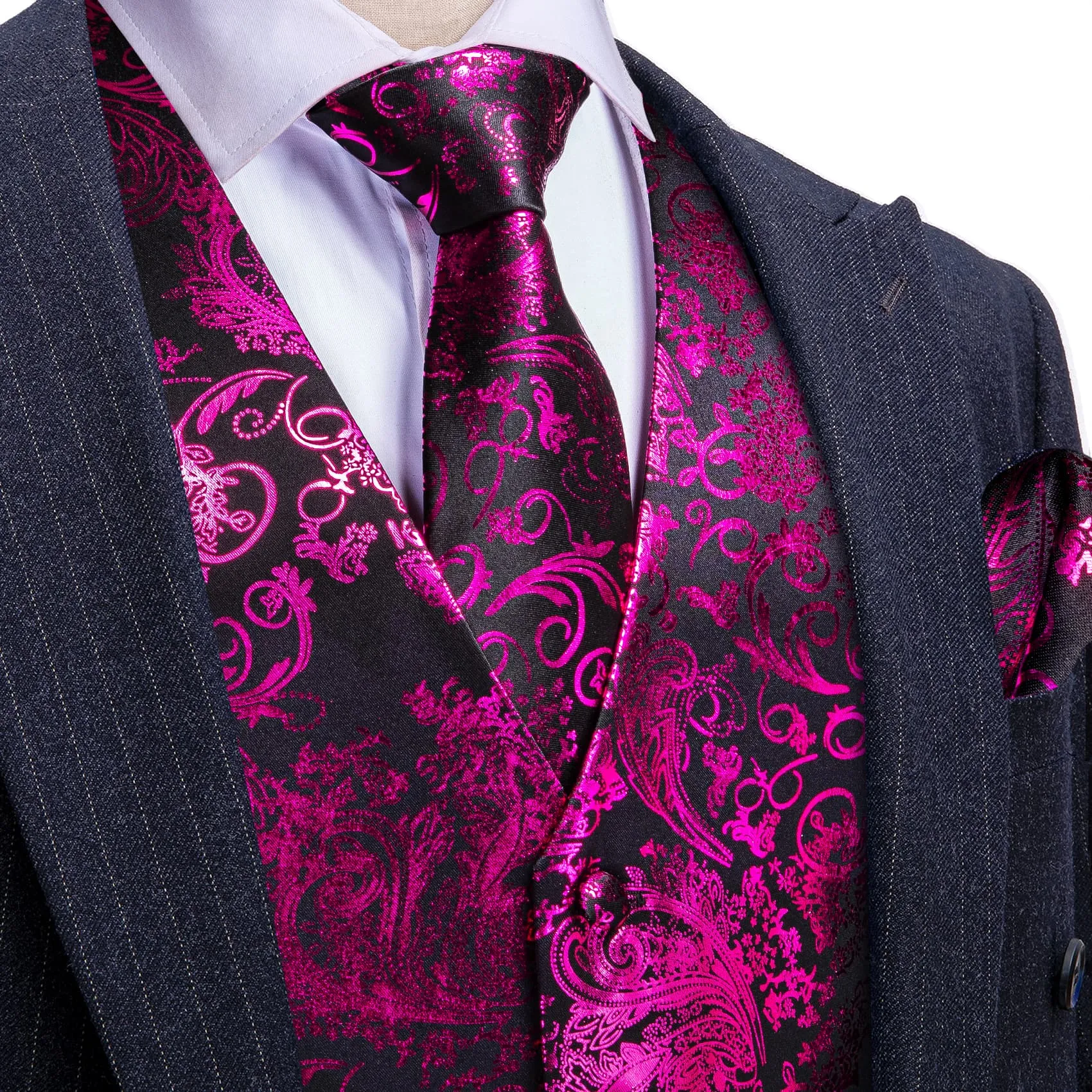 Ties2you Vest for Men Black Purple Floral V Neck Hot Stamping Silk Vest Dress Tie Set for Wedding