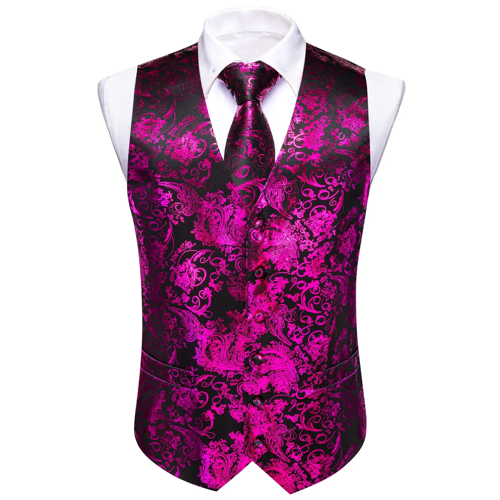 Ties2you Vest for Men Black Purple Floral V Neck Hot Stamping Silk Vest Dress Tie Set for Wedding