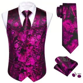 Ties2you Vest for Men Black Purple Floral V Neck Hot Stamping Silk Vest Dress Tie Set for Wedding