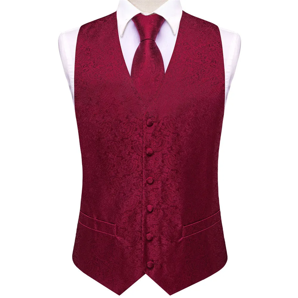 Ties2you Wine Floral Pattern V-Neck Silk Vest Necktie Set