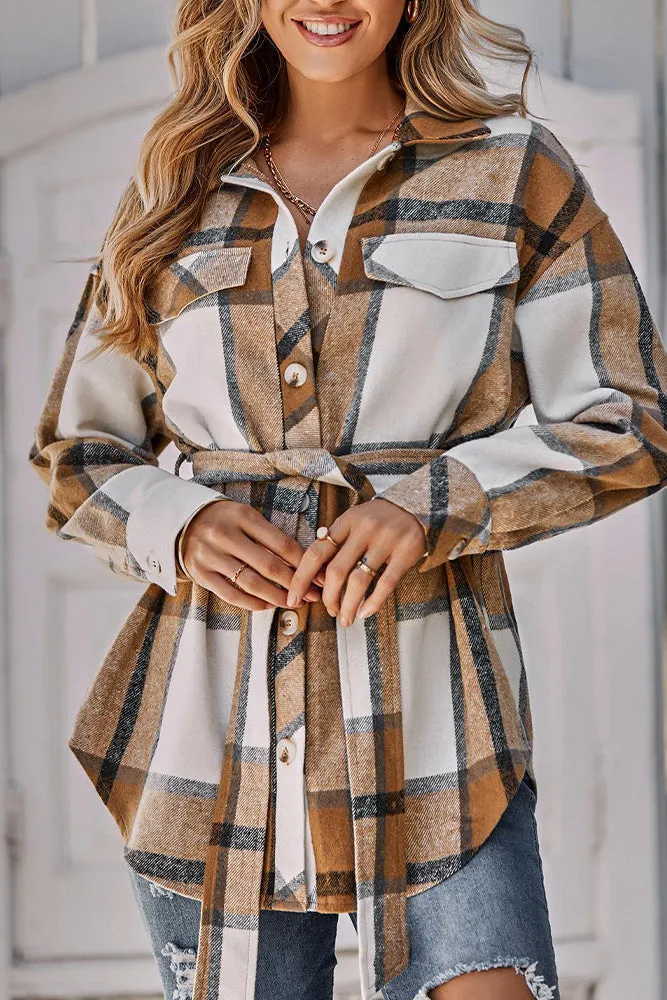 Turndown Collar Button Up Plaid Coat