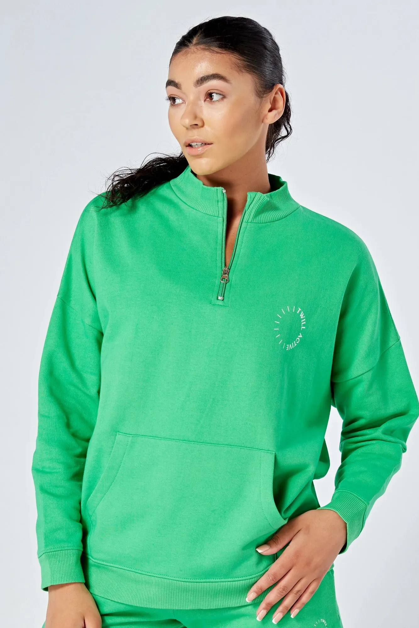 Twill Essentials Oversized Funnel Neck Zip-up Sweatshirt Green