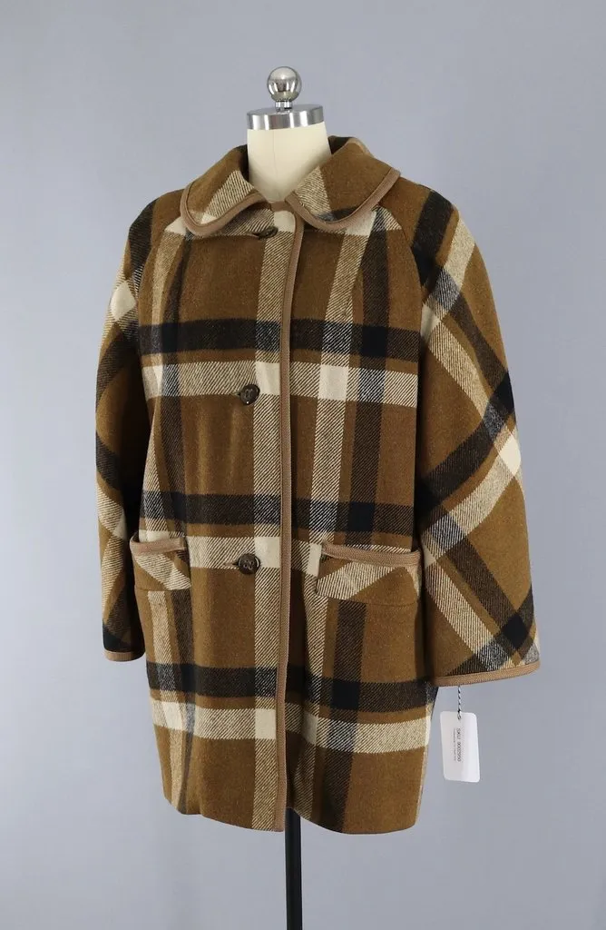 Vintage 1960s Betty Rose Winter Coat / Brown Plaid