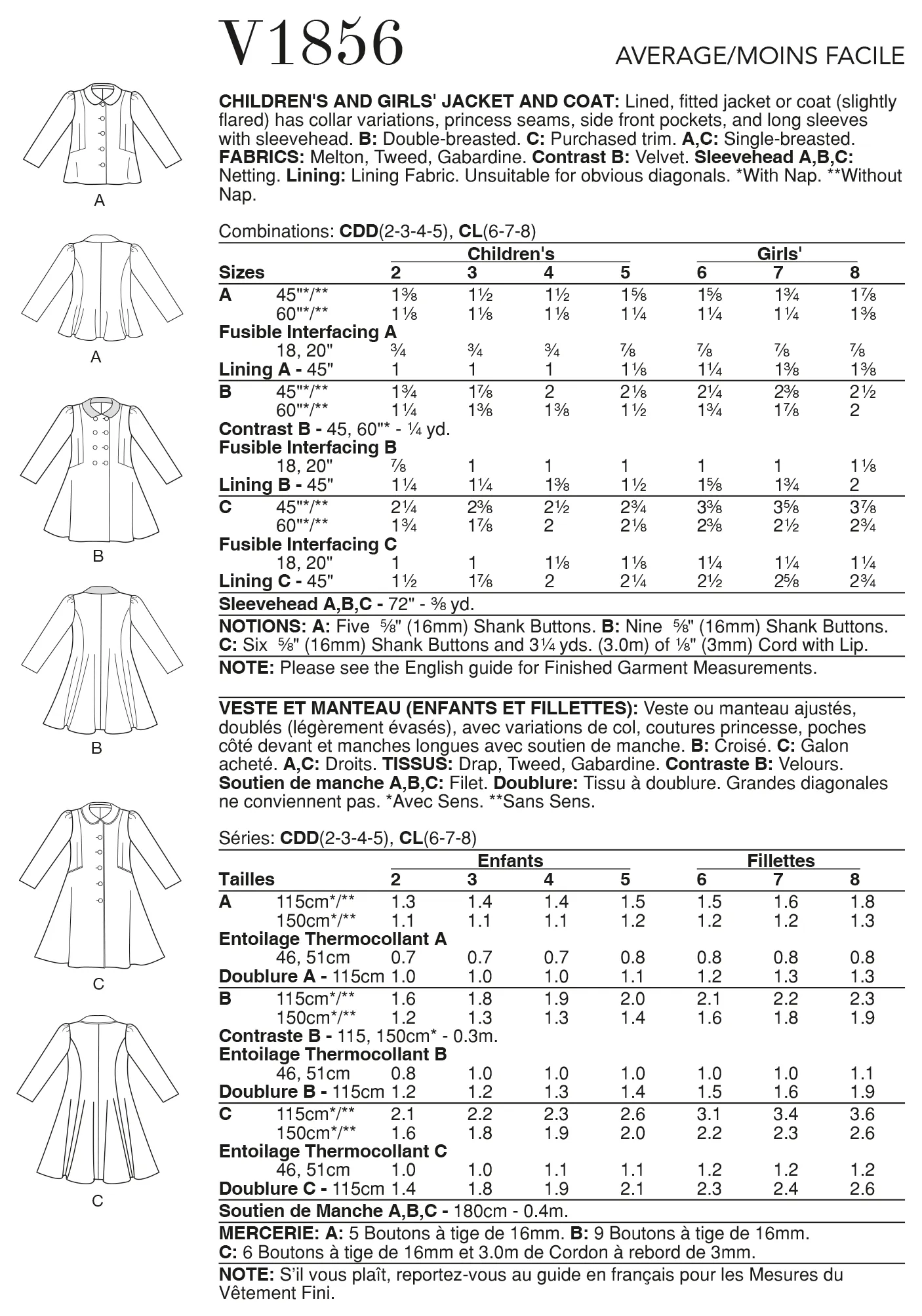 Vogue 1856 Girls Jacket and Coat Pattern