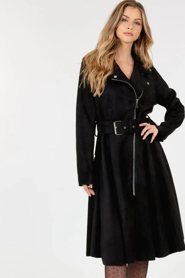 Waist belt tacked faux suede coat solid coat