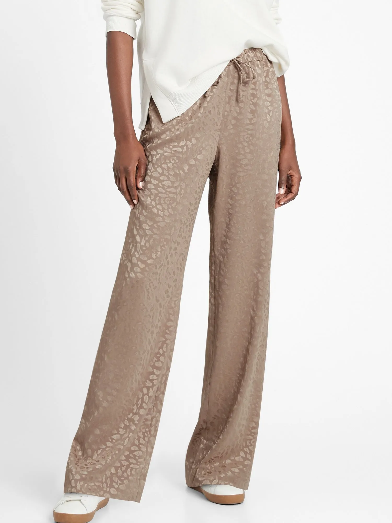 Wide-Leg Satin Pull-On Pant in Leopard Print Fresh Taupe