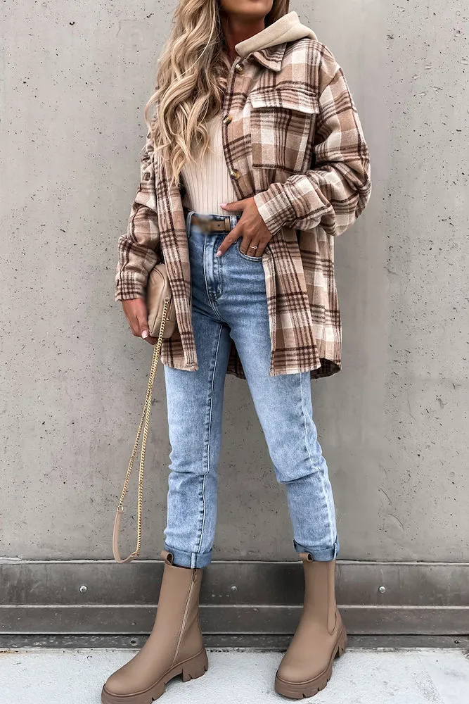 Winter Outfits Plaid Shacket Jacket Coat with Hood