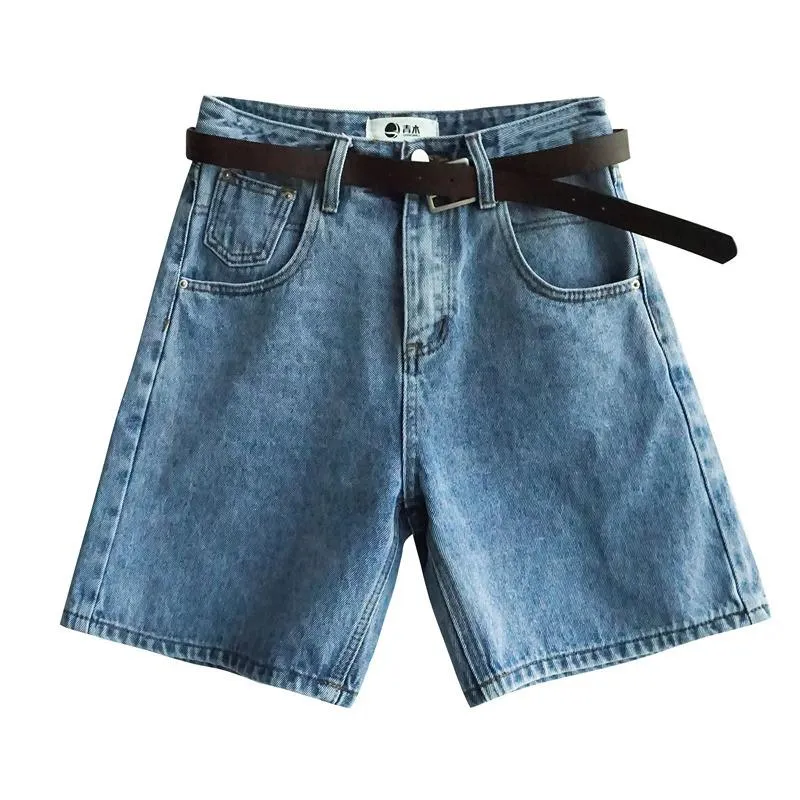 Women Denim Shorts High Waist Belted Loose Short Jeans Mom Shorts