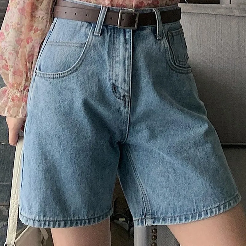 Women Denim Shorts High Waist Belted Loose Short Jeans Mom Shorts