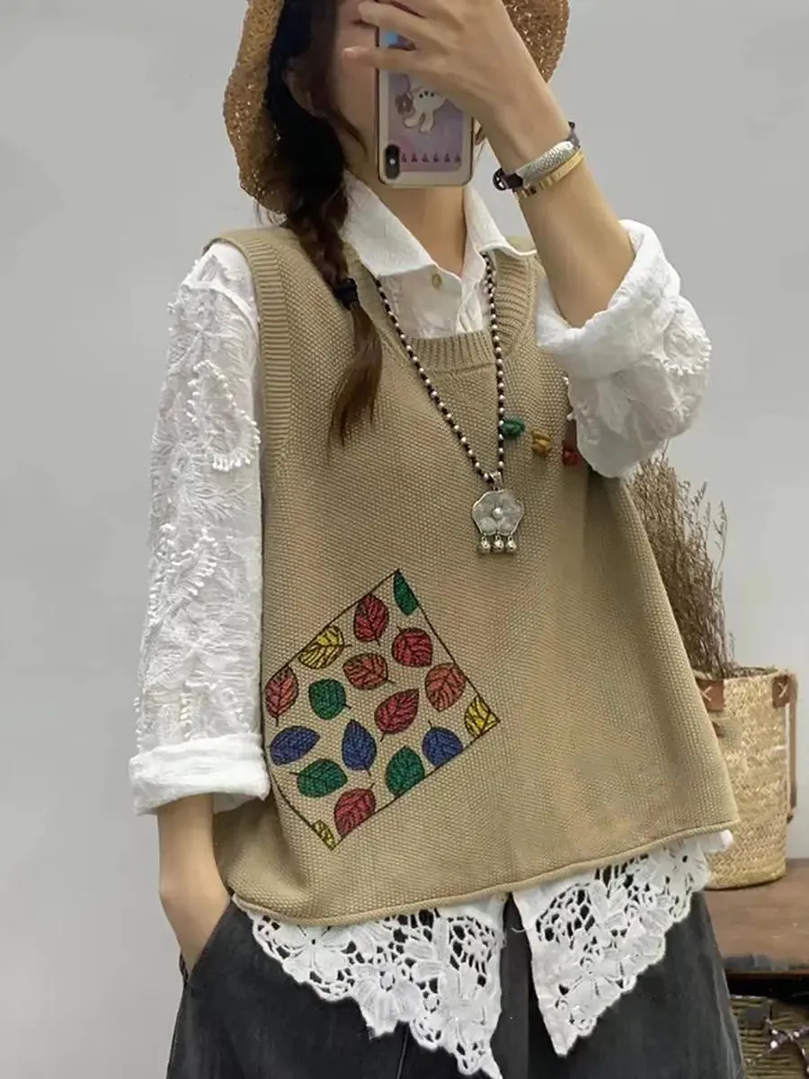 Women Leaf Print Knitted Vest