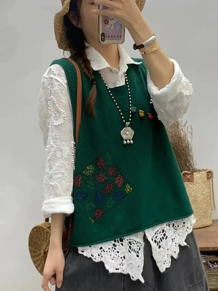 Women Leaf Print Knitted Vest