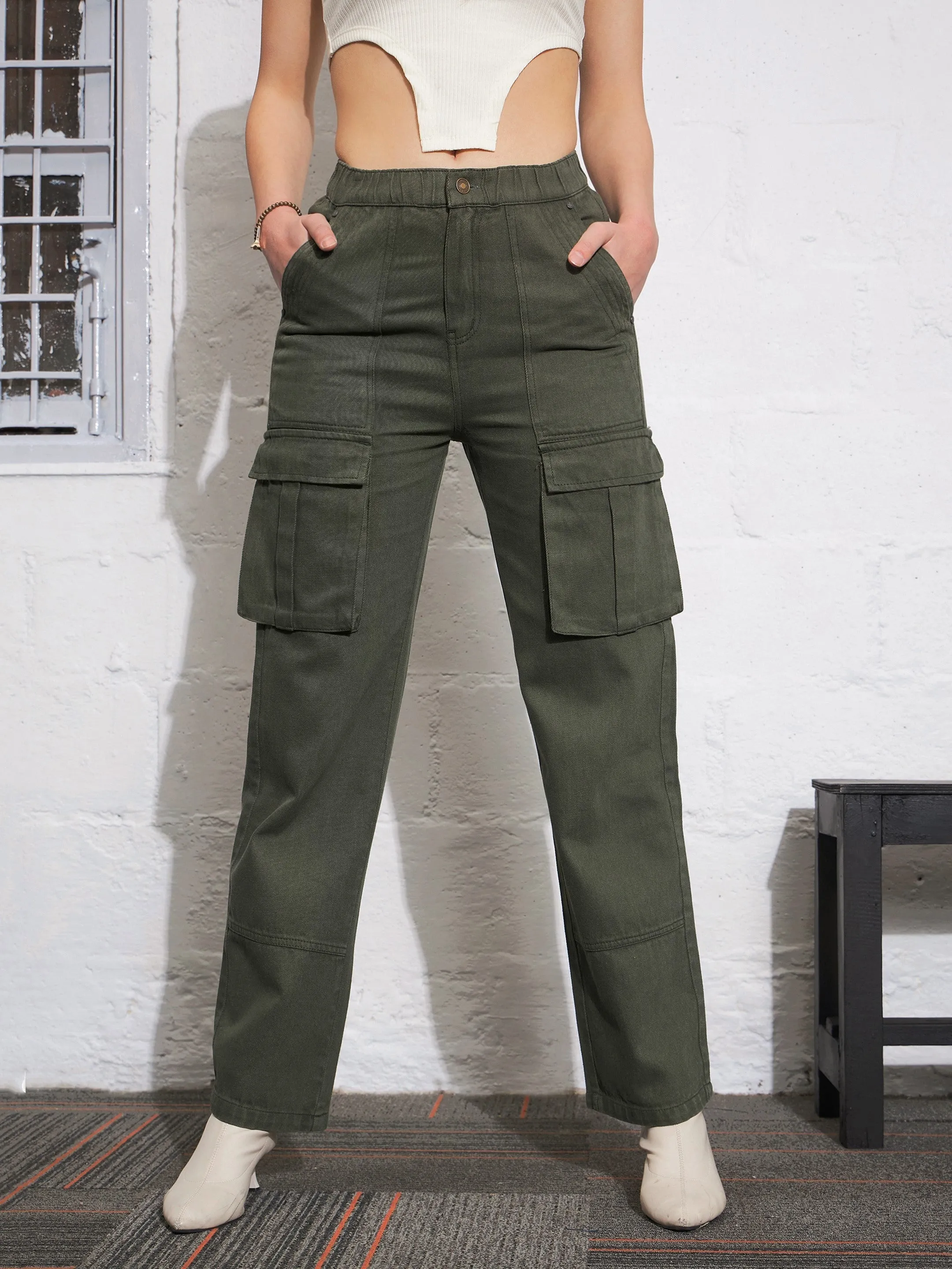 Women Olive Box Pocket Cargo Jeans