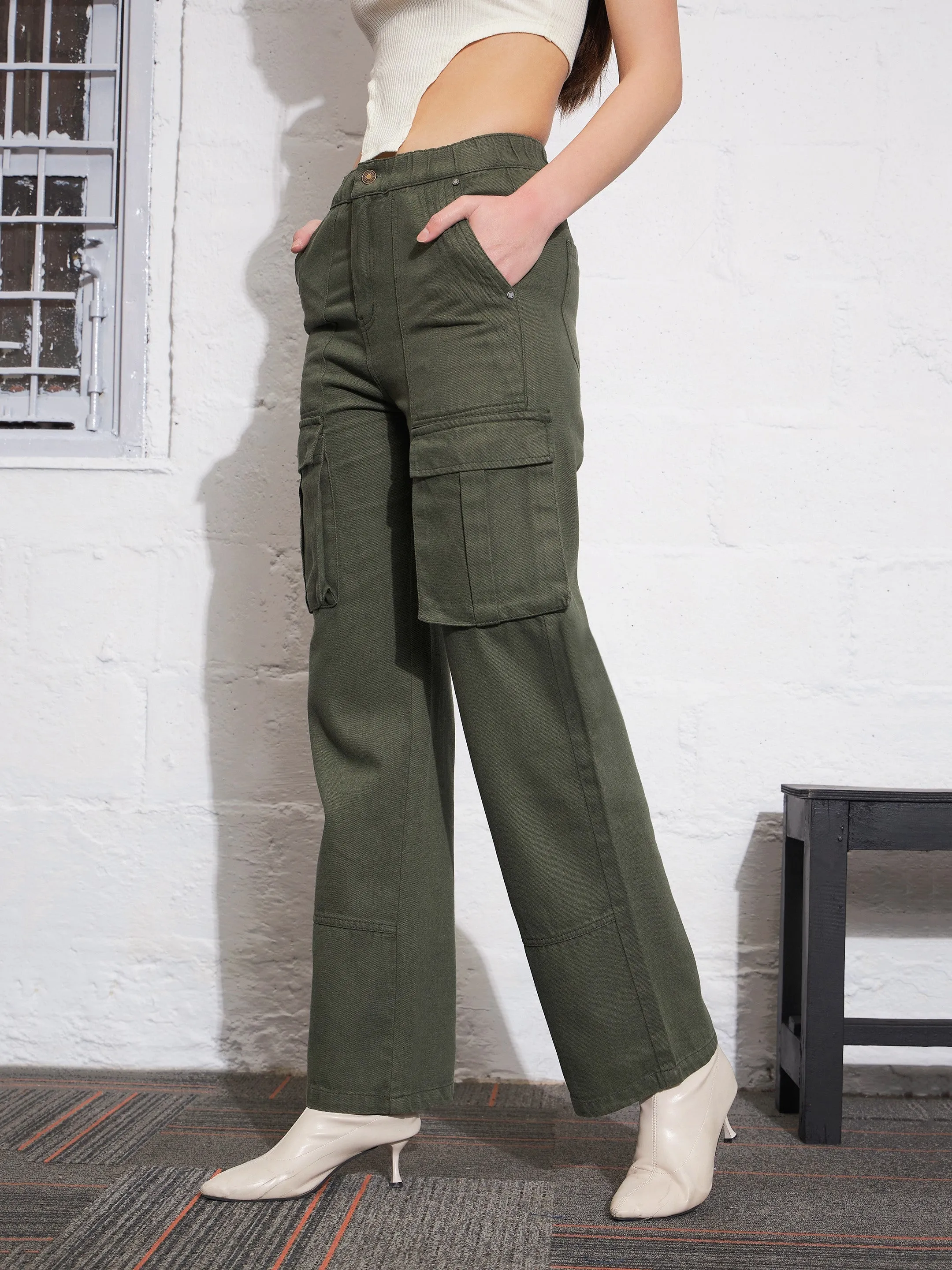 Women Olive Box Pocket Cargo Jeans