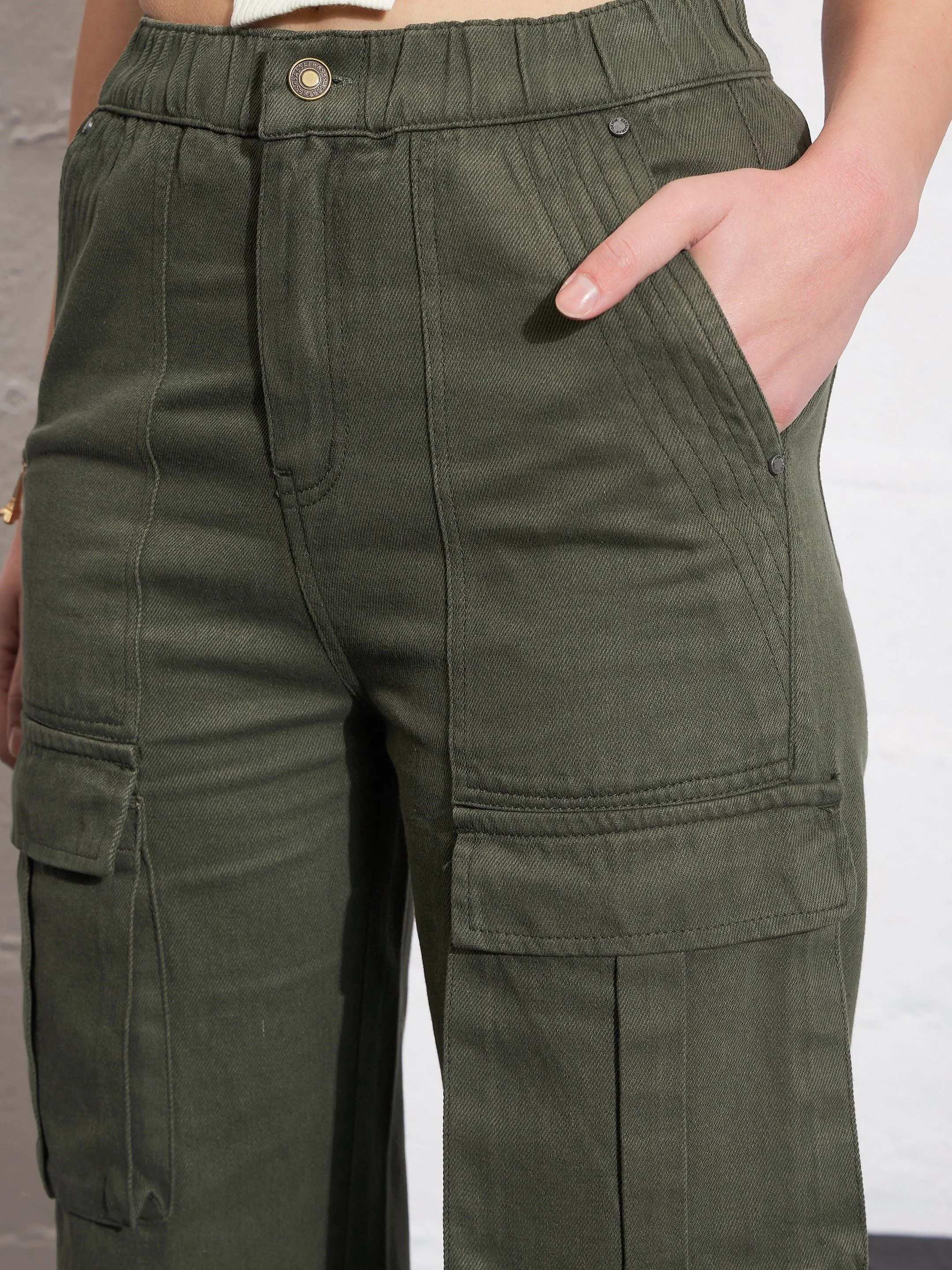 Women Olive Box Pocket Cargo Jeans