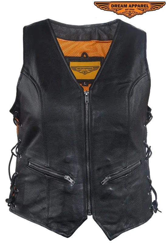 Womens Leather Motorcycle  Zip Up Leather Vest With Concealed Carry