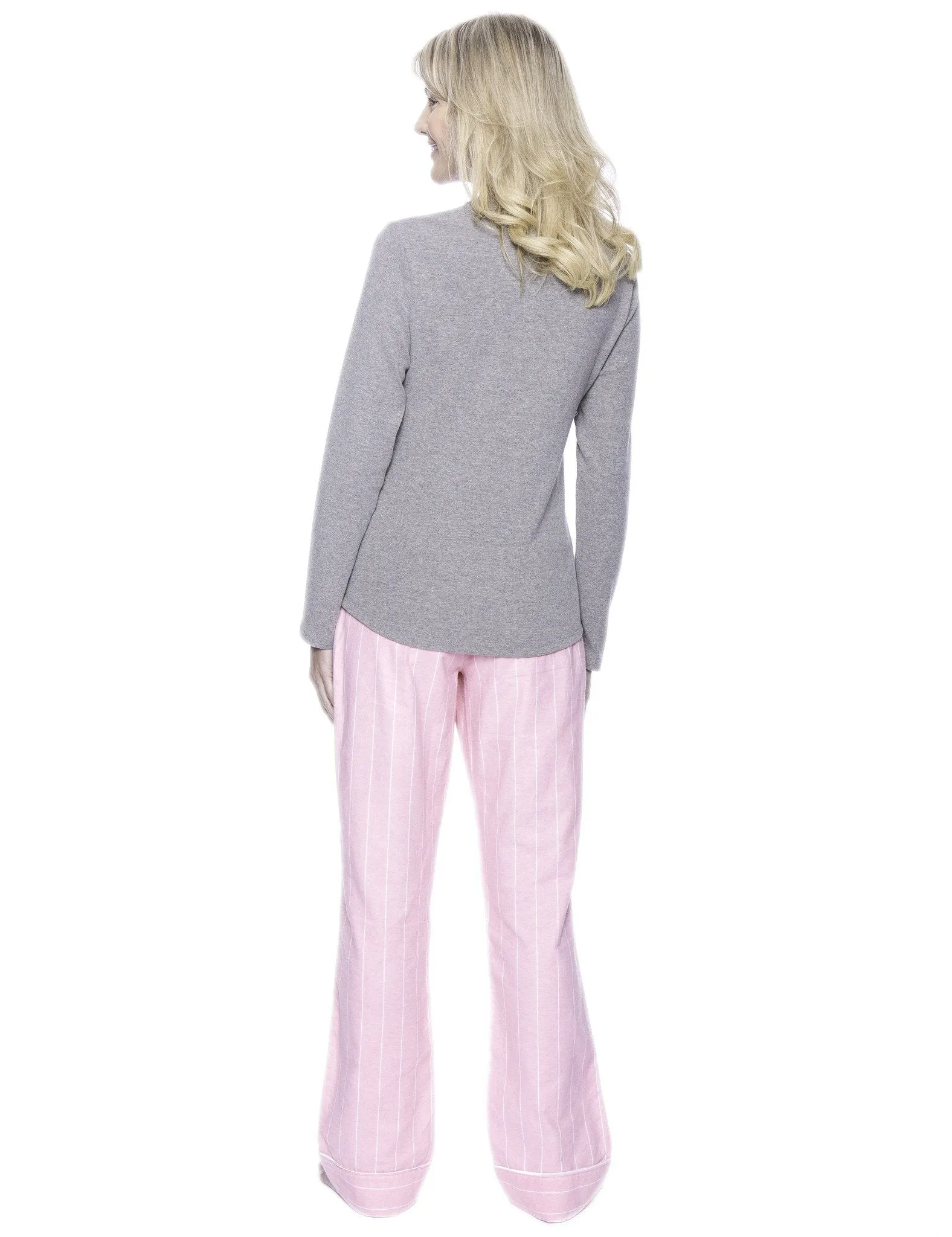 Womens Premium 100% Cotton Flannel Loungewear Set - Stripes Pink