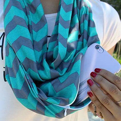 Women's Turquoise/Gray Chevron Patterned Infinity Scarf with Zipper Pocket