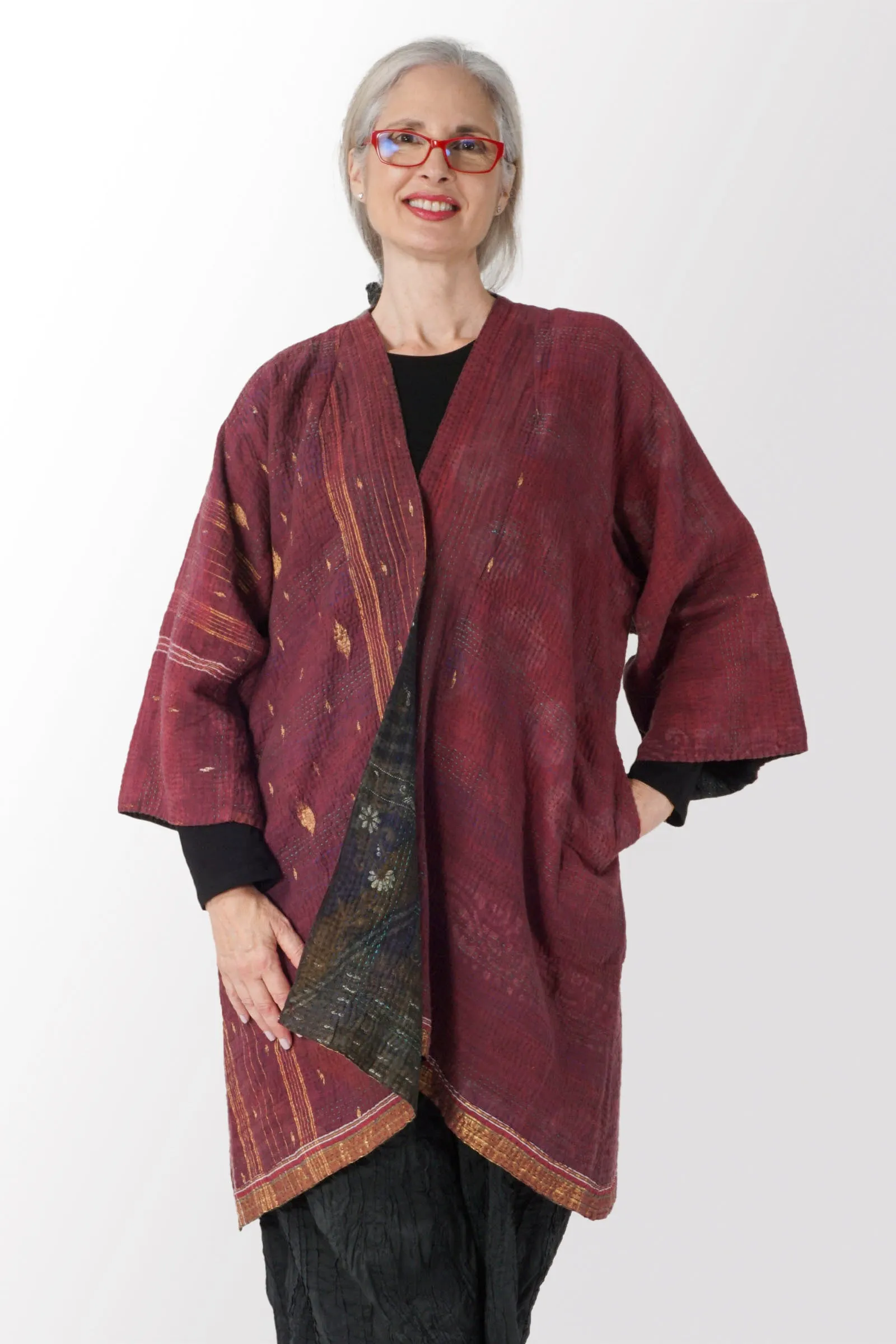 WOVEN VINTAGE COTTON KANTHA KIMONO DUSTER - fw4317-0001a -