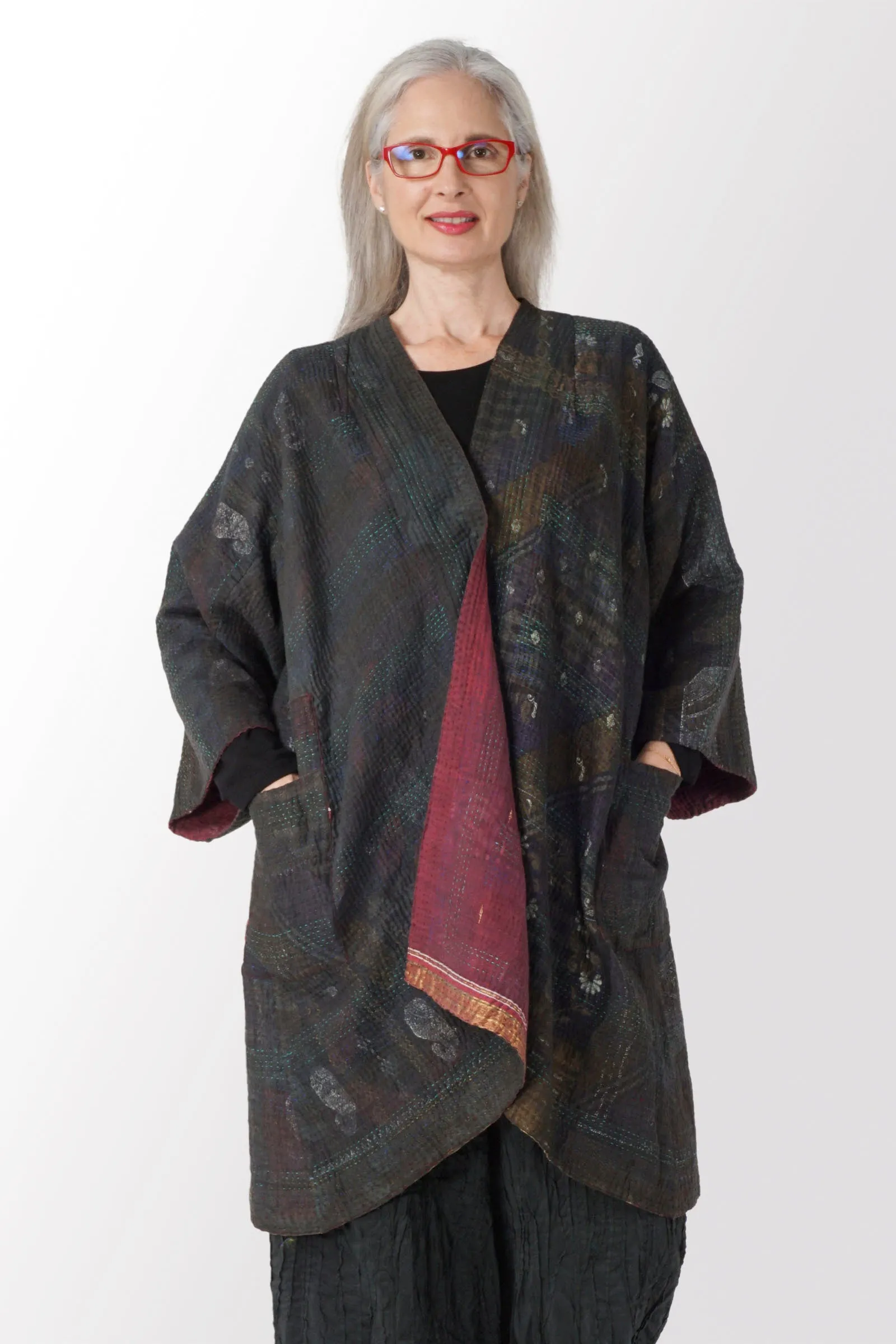 WOVEN VINTAGE COTTON KANTHA KIMONO DUSTER - fw4317-0001a -