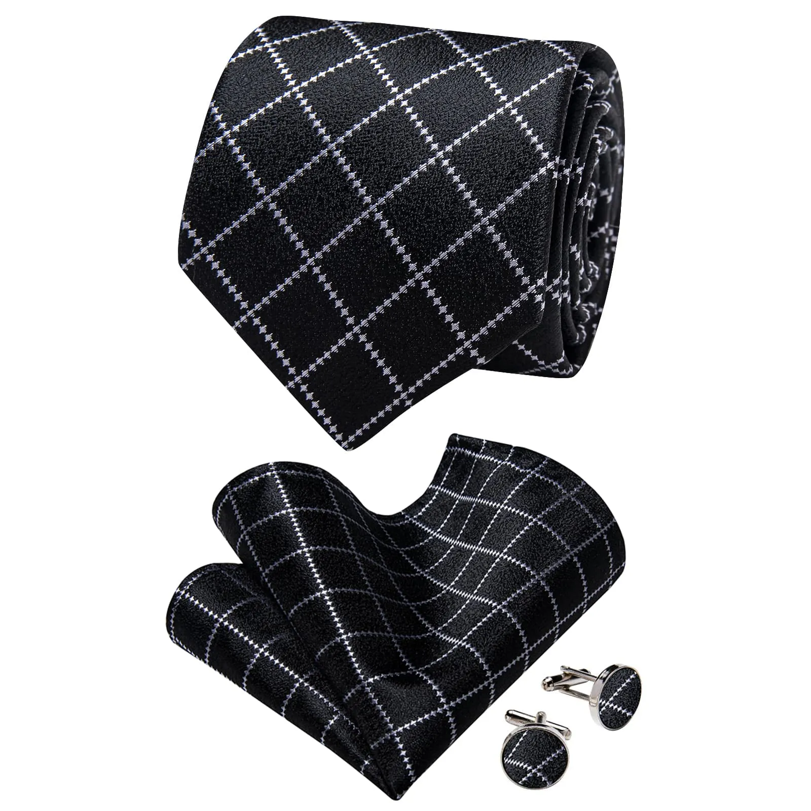 YourTies Black Solid Long Sleeve Shirt with Black Plaid Silk Tie for Men