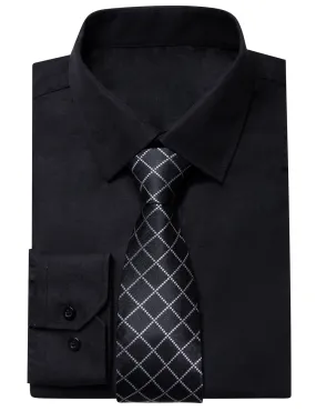 YourTies Black Solid Long Sleeve Shirt with Black Plaid Silk Tie for Men