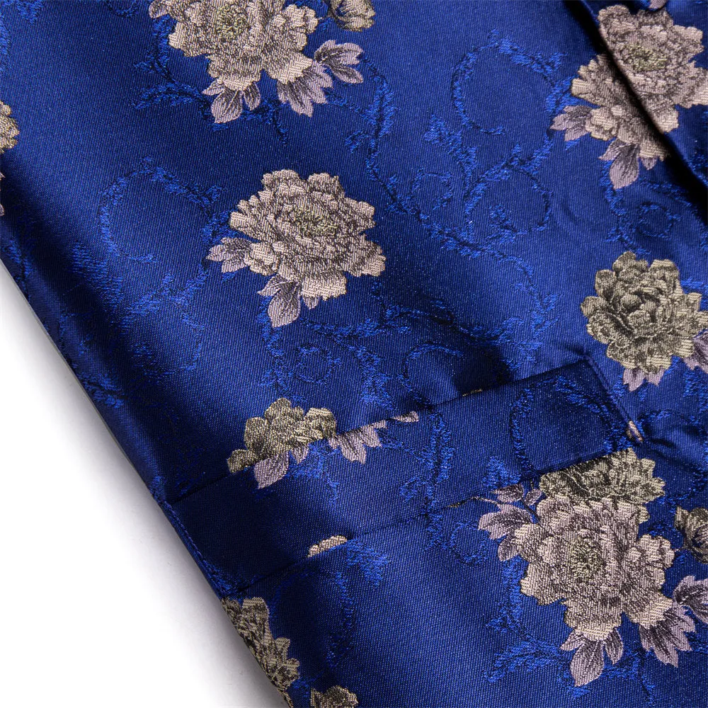 YourTies Blue Floral Silk Men's Vest Necktie Hanky Cufflinks Set