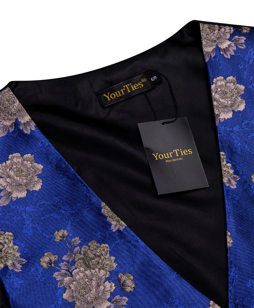 YourTies Blue Floral Silk Men's Vest Necktie Hanky Cufflinks Set