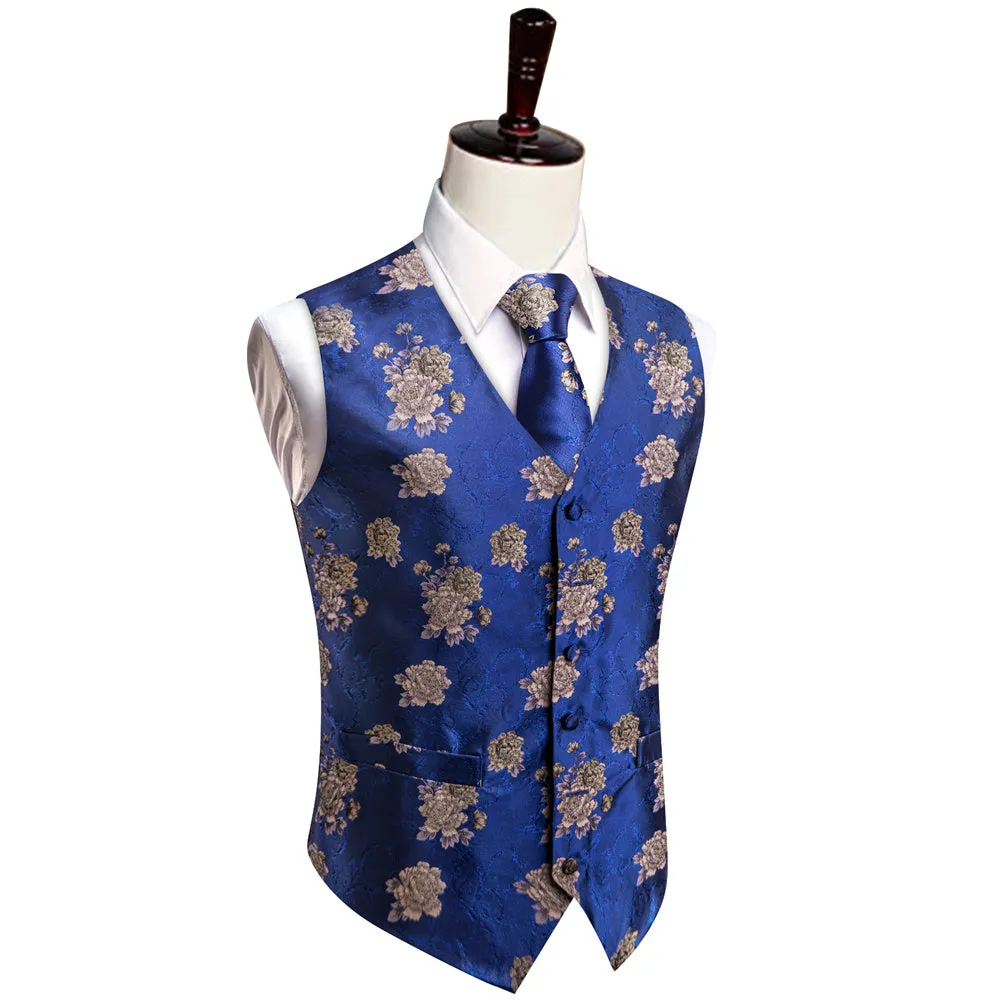 YourTies Blue Floral Silk Men's Vest Necktie Hanky Cufflinks Set