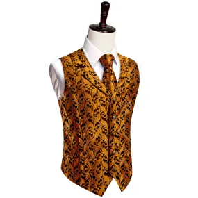 YourTies Orange Top Black Men Rust Orange Jacquard Floral Vest Tie Set