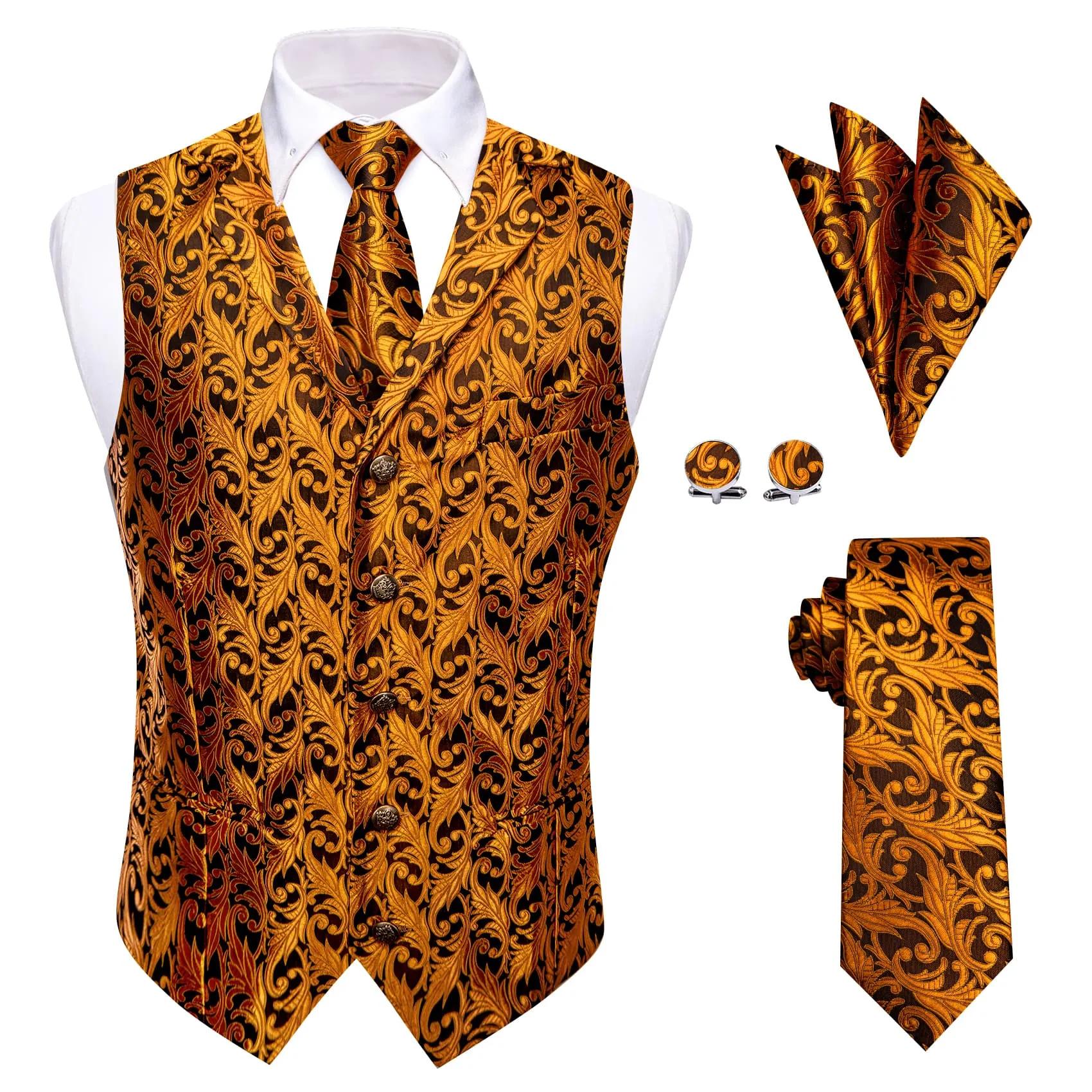 YourTies Orange Top Black Men Rust Orange Jacquard Floral Vest Tie Set