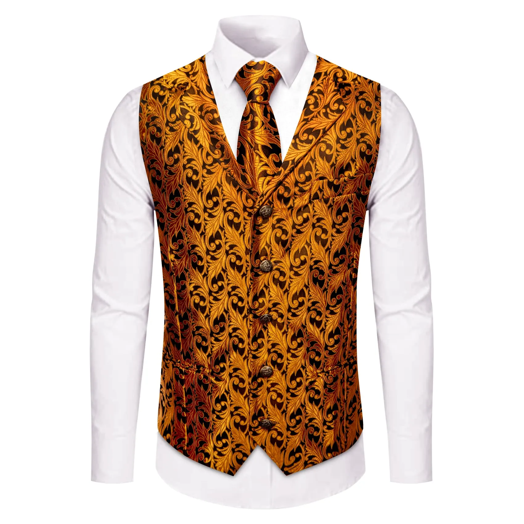 YourTies Orange Top Black Men Rust Orange Jacquard Floral Vest Tie Set