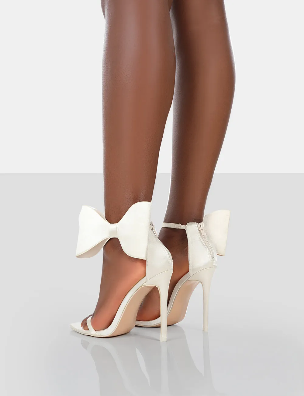 Zeal Off White Satin Strappy Bow Ankle Detail Stiletto Heels